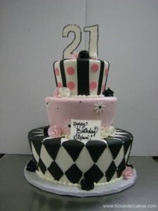 252, twenty-first birthday, 21st birthday, black, white, pink, tiered, three tier, stripes, 21, topper, dots, diamonds, zig zags, flowers, daisies, roses,